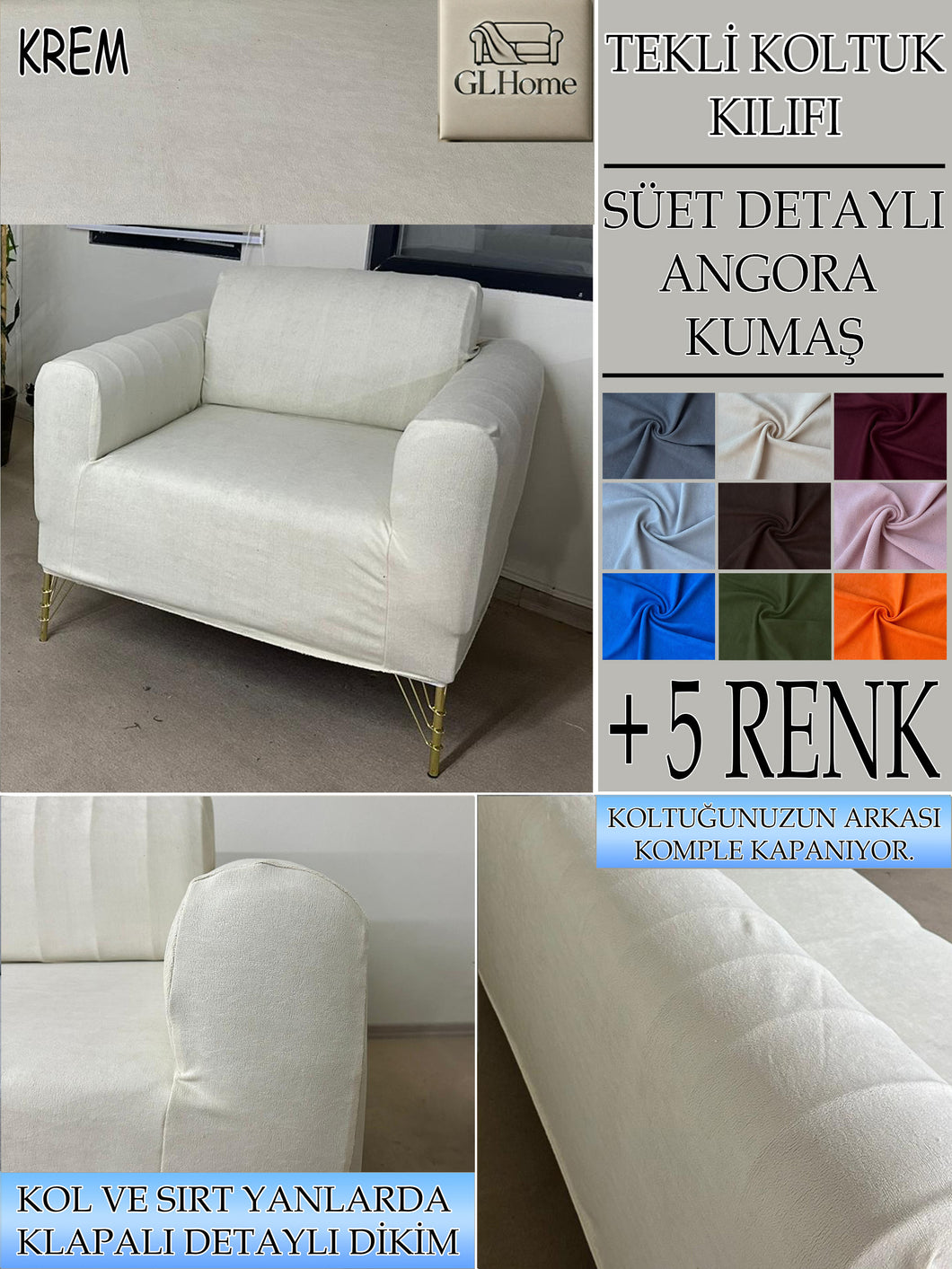 Süet Kumaş Krem Tekli&Berjer Komple Giydirme, Bohem, Porto Model Koltuk Kılıfı