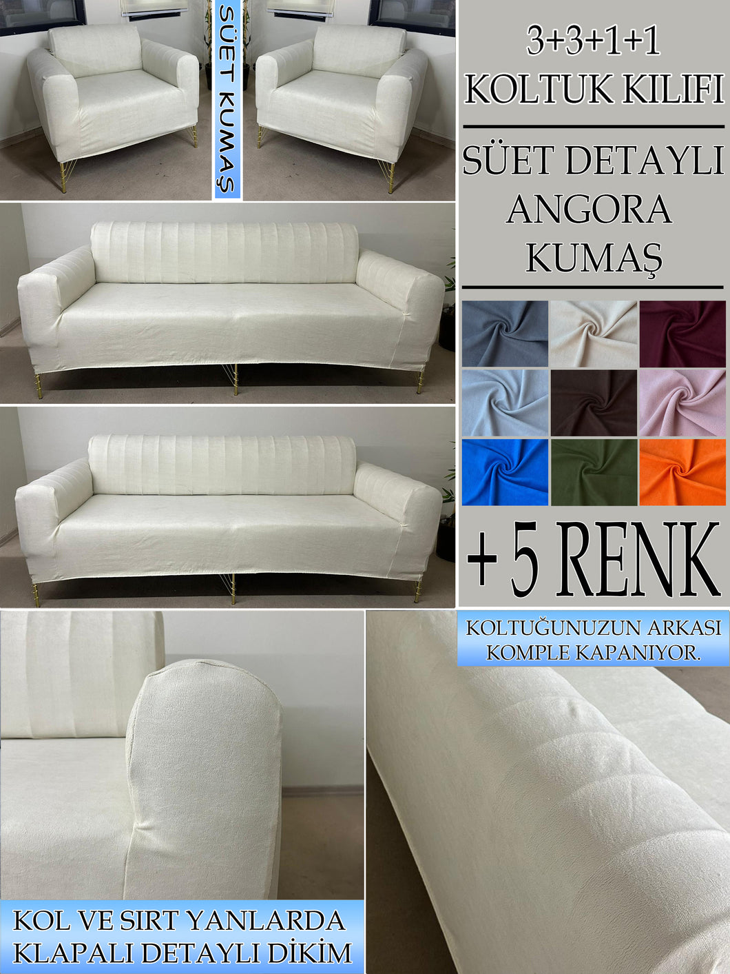 Süet Kumaş Krem 3+3+1+1 Komple Giydirme Kanepe&Çekyat, Bohem, vb. Modeller Koltuk Kılıfı