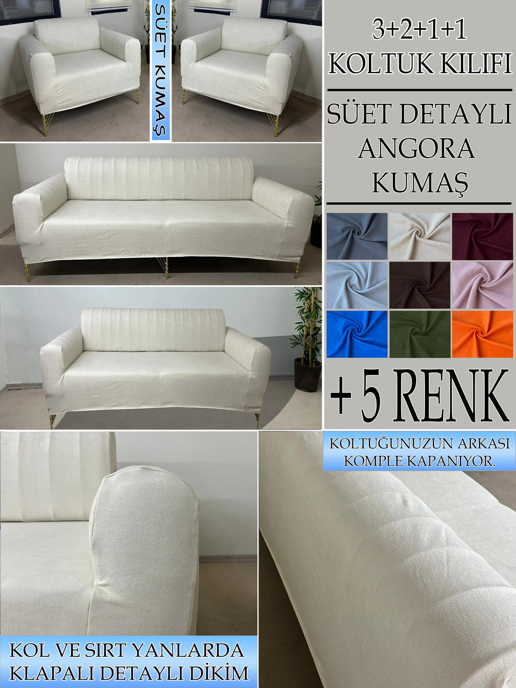 Süet Kumaş Krem 3+2+1+1 Komple Giydirme Kanepe-Çekyat, Bohem, vb. Model Koltuk Kılıfı
