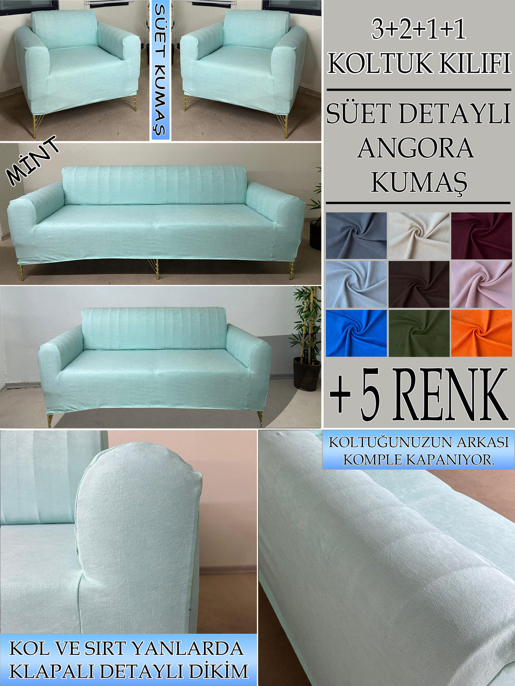 Süet Kumaş Mint 3+2+1+1 Komple Giydirme Kanepe-Çekyat, Bohem, vb. Model Koltuk Kılıfı
