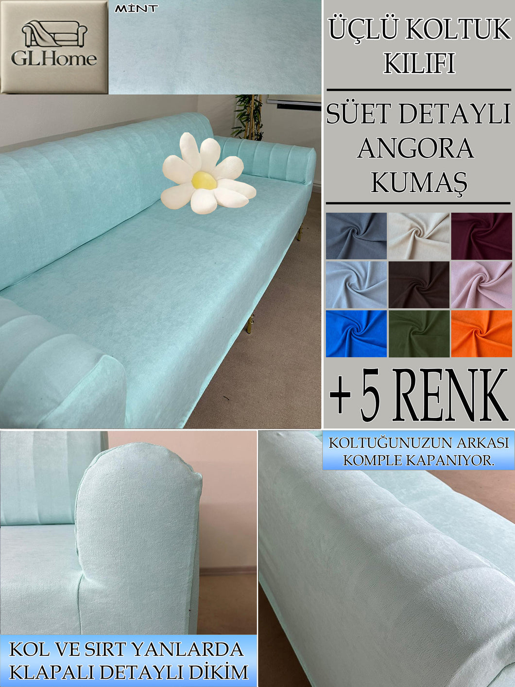 Süet Kumaş Mint 3Lü Komple Giydirme Kanepe & Çekyat, Bohem, Porto, Vb. Model Koltuk Kilifi
