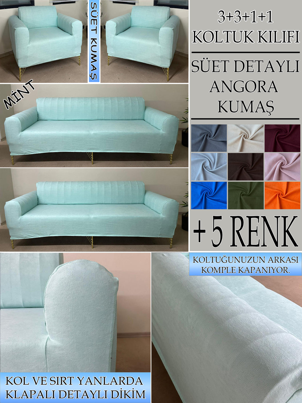 Süet Kumaş Mint 3+3+1+1 Komple Giydirme Kanepe&Çekyat, Bohem, vb. Modeller Koltuk Kılıfı
