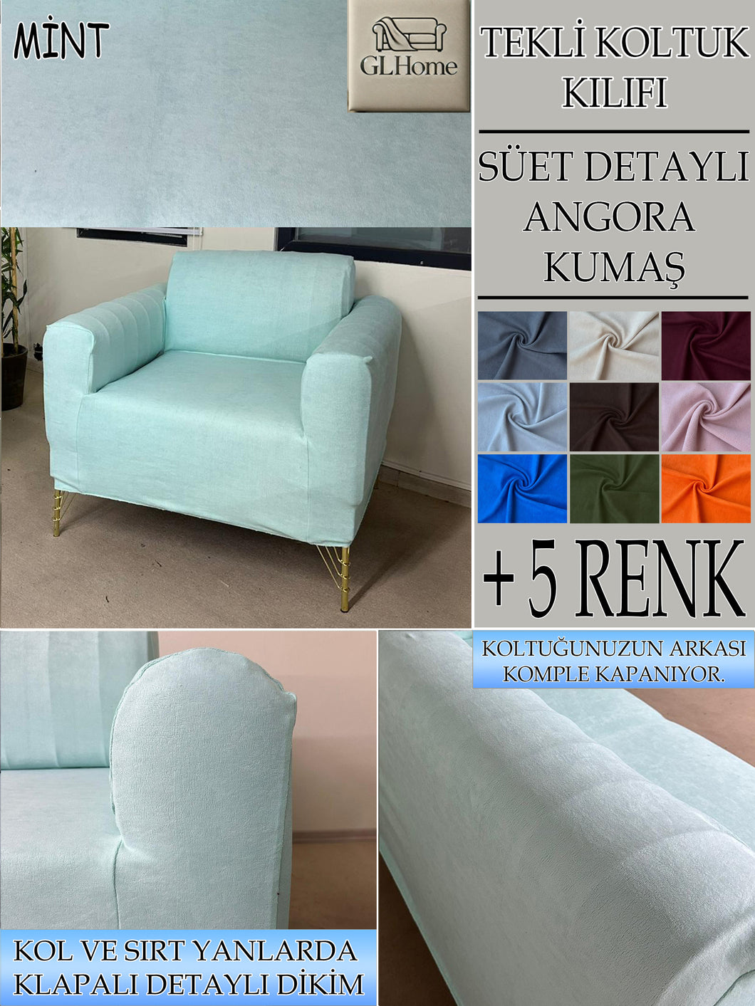Süet Kumaş Mint Tekli&Berjer Komple Giydirme, Bohem, Porto Model Koltuk Kılıfı
