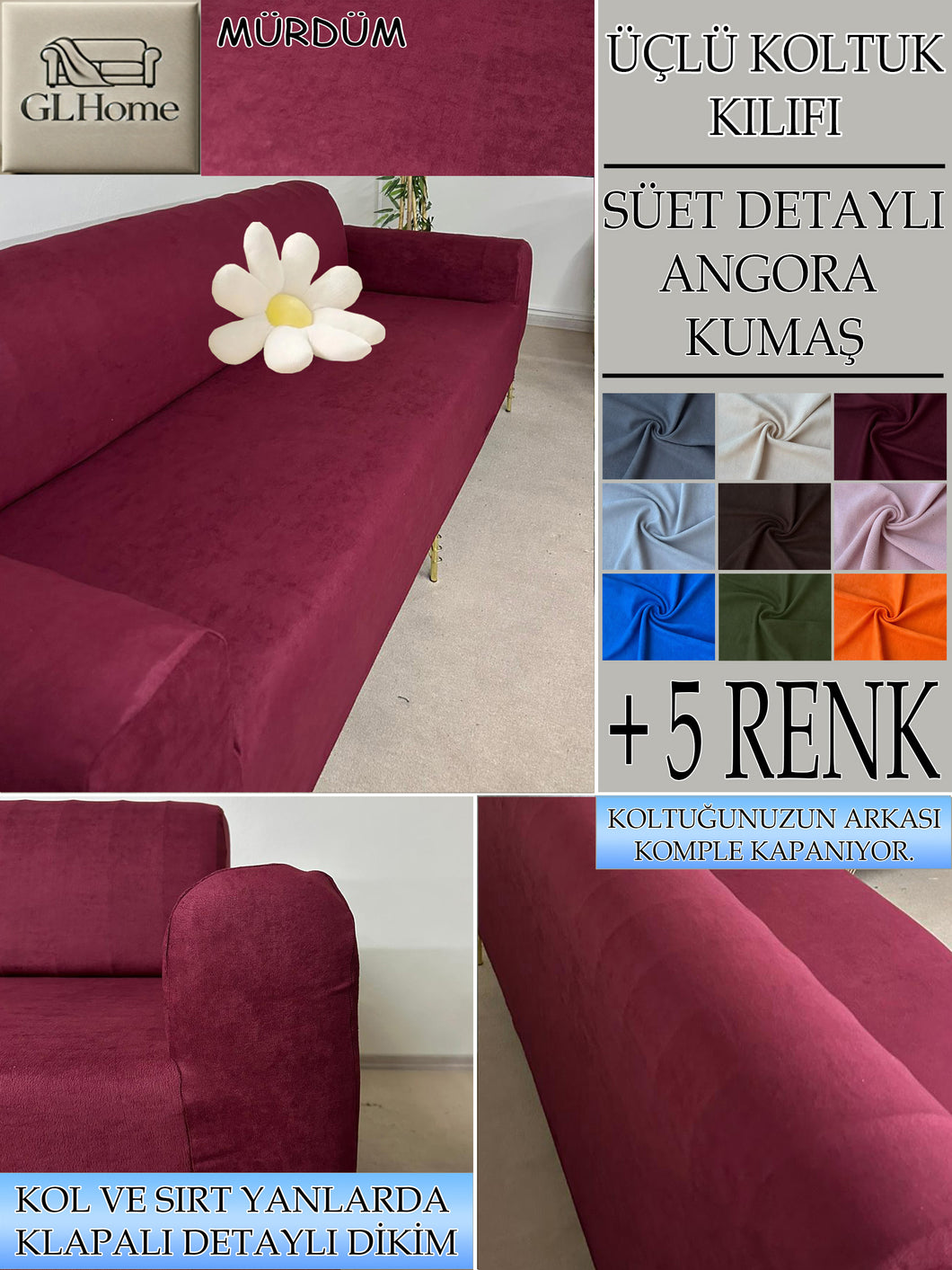 Süet Kumaş Mürdüm 3Lü Komple Giydirme Kanepe & Çekyat, Bohem, Porto, Vb. Model Koltuk Kilifi