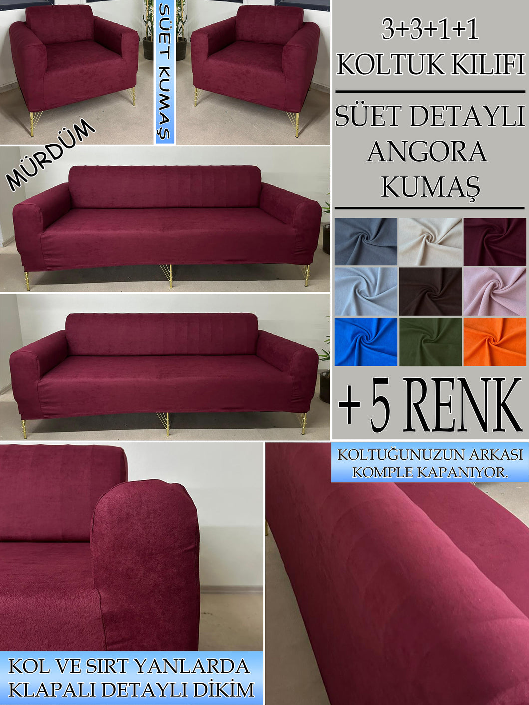 Süet Kumaş Mürdüm 3+3+1+1 Komple Giydirme Kanepe&Çekyat, Bohem, vb. Modeller Koltuk Kılıfı