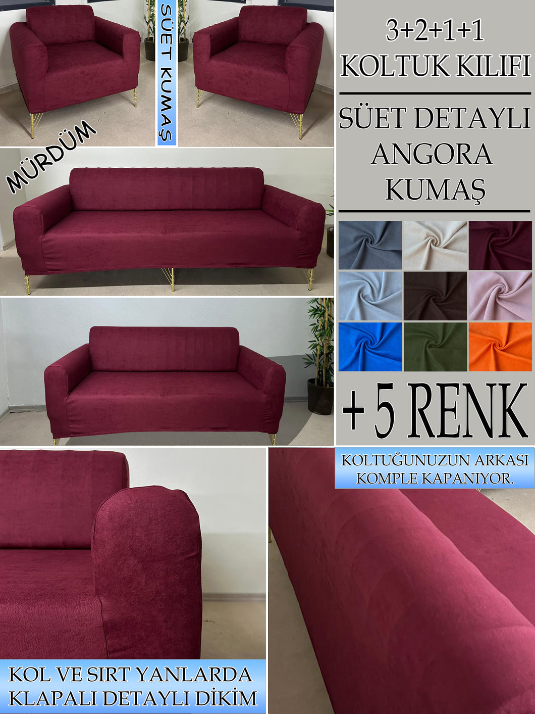 Süet Kumaş Mürdüm 3+2+1+1 Komple Giydirme Kanepe-Çekyat, Bohem, vb. Model Koltuk Kılıfı