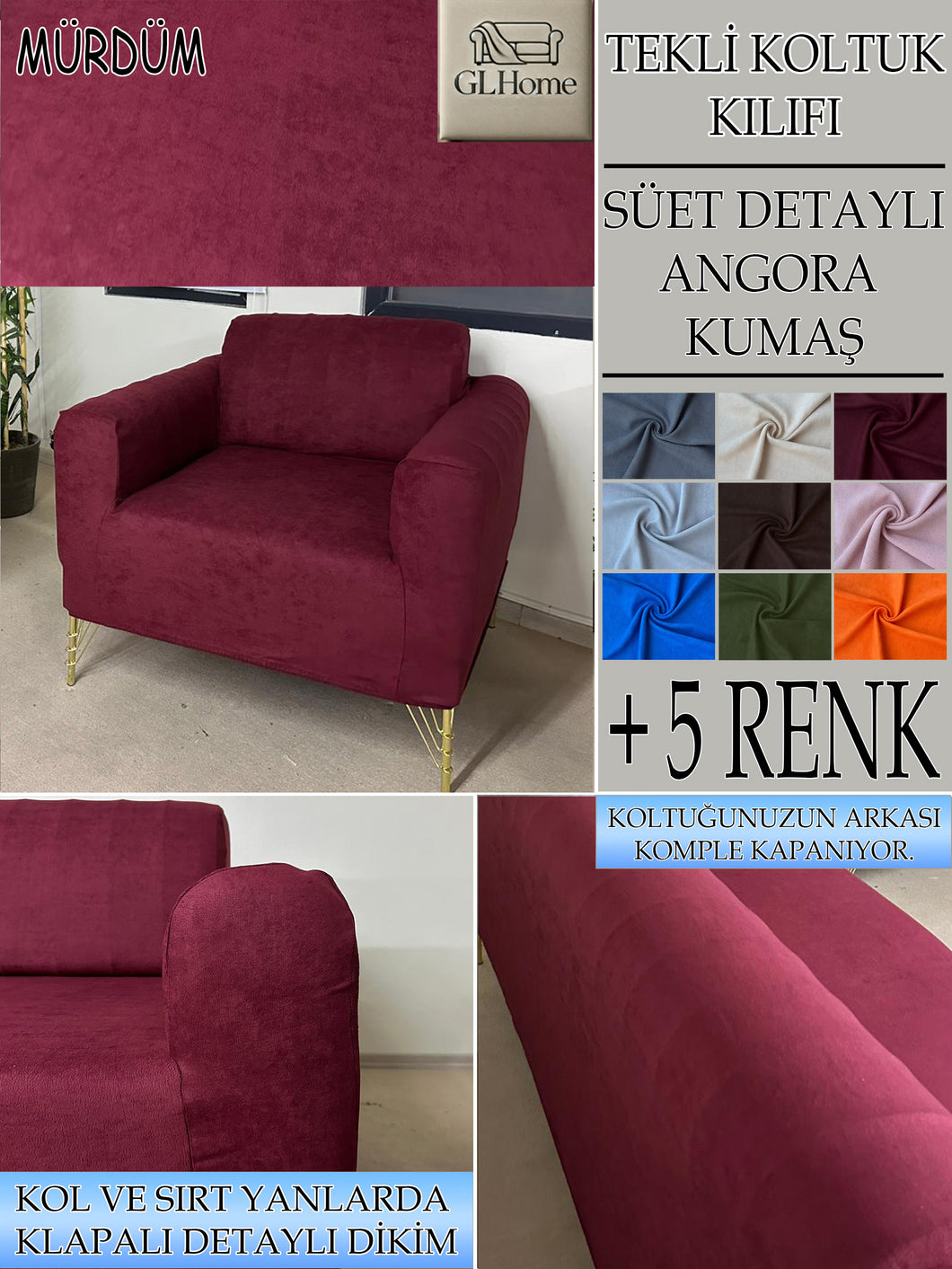 Süet Kumaş Mürdüm Tekli&Berjer Komple Giydirme, Bohem, Porto Model Koltuk Kılıfı