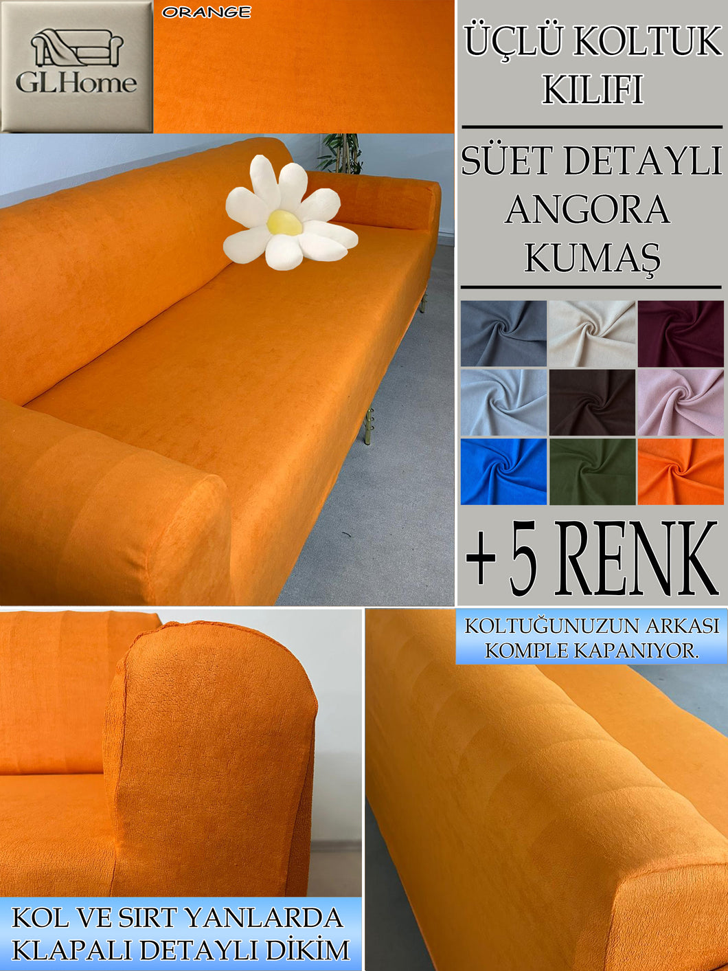 Süet Kumaş Orange 3Lü Komple Giydirme Kanepe & Çekyat, Bohem, Porto, Vb. Model Koltuk Kilifi