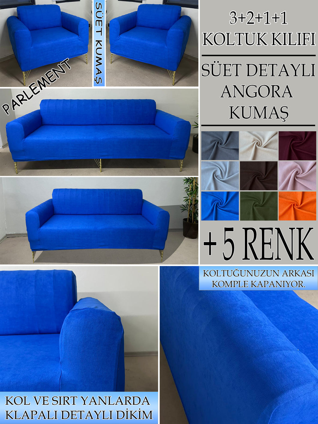 Süet Kumaş Parlement 3+2+1+1 Komple Giydirme Kanepe-Çekyat, Bohem, vb. Model Koltuk Kılıfı