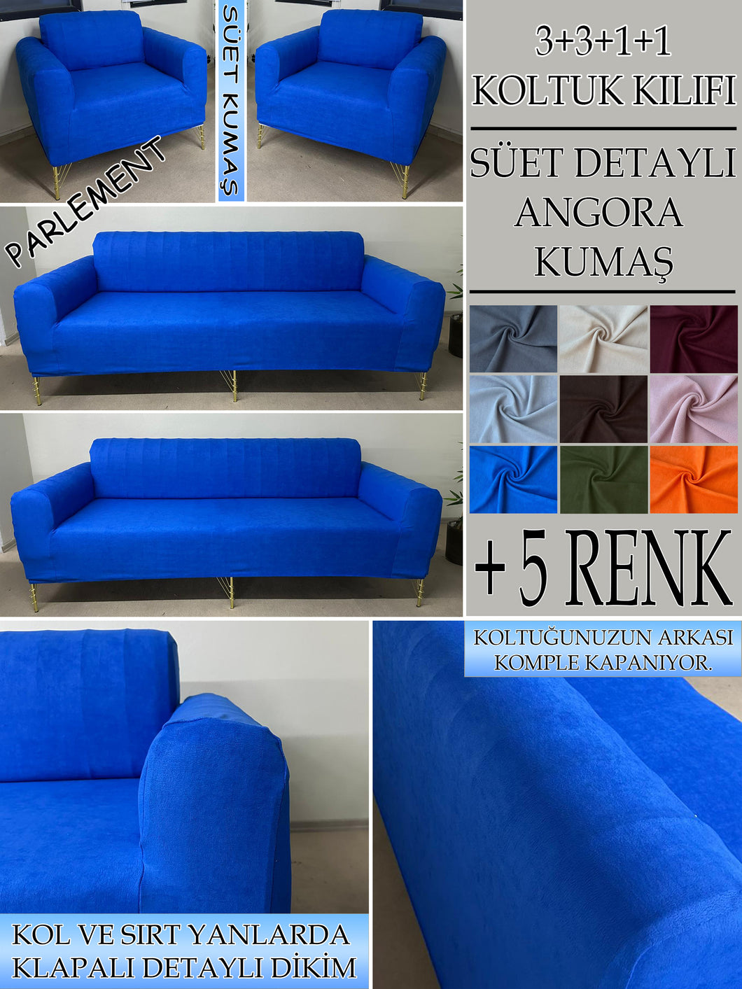 Süet Kumaş Parlement 3+3+1+1 Komple Giydirme Kanepe&Çekyat, Bohem, vb. Modeller Koltuk Kılıfı