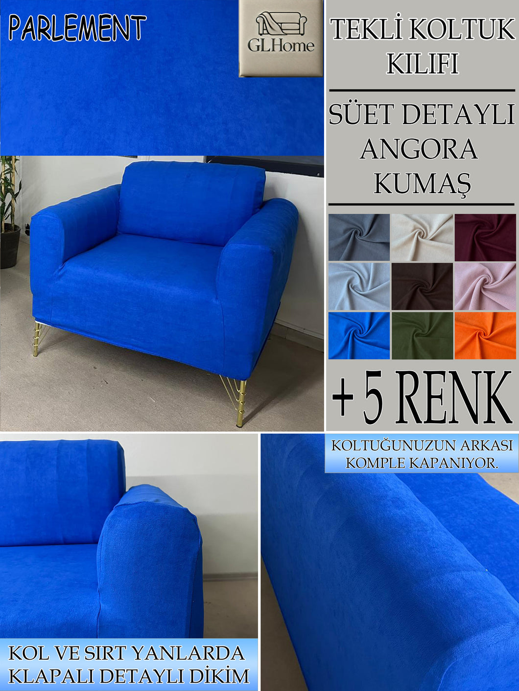Süet Kumaş Parlement Tekli&Berjer Komple Giydirme, Bohem, Porto Model Koltuk Kılıfı