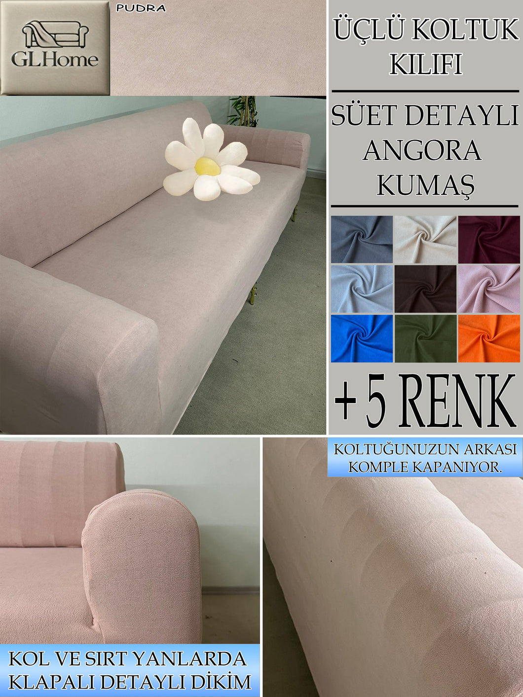 Süet Kumaş Pudra 3Lü Komple Giydirme Kanepe & Çekyat, Bohem, Porto, Vb. Model Koltuk Kilifi