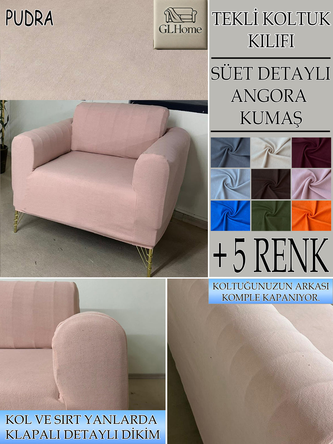 Süet Kumaş Pudra Tekli&Berjer Komple Giydirme, Bohem, Porto Model Koltuk Kılıfı