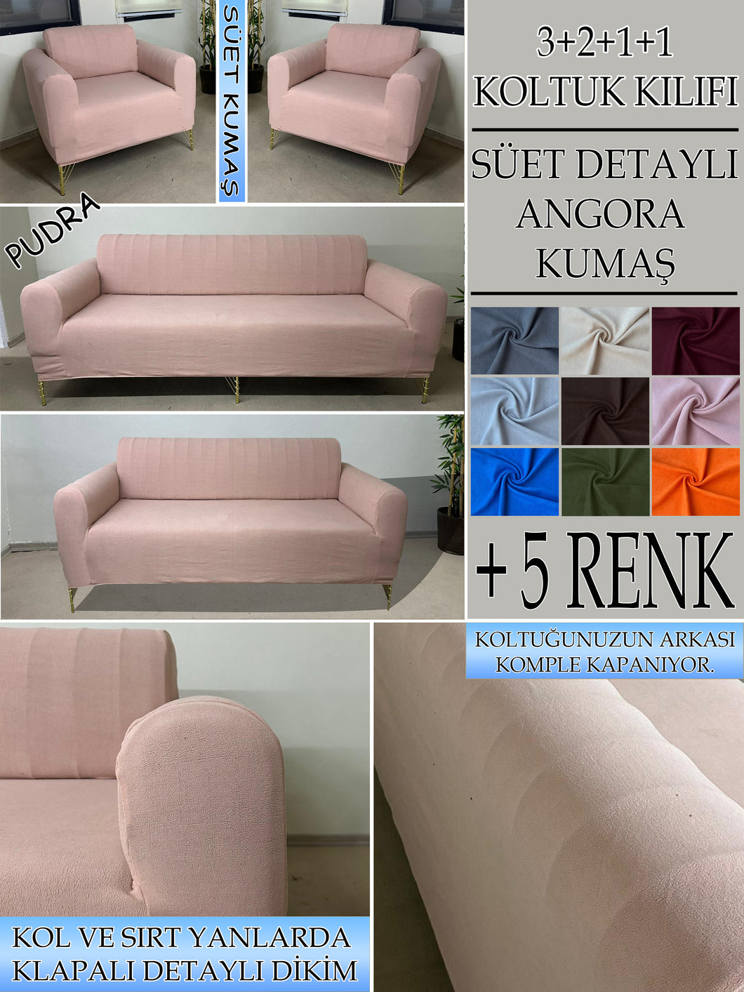 Süet Kumaş Pudra 3+2+1+1 Komple Giydirme Kanepe-Çekyat, Bohem, vb. Model Koltuk Kılıfı