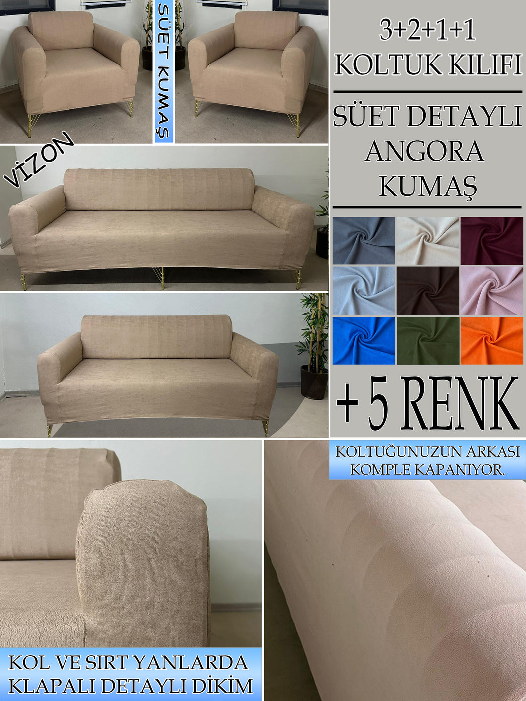 Süet Kumaş Vizon 3+2+1+1 Komple Giydirme Kanepe-Çekyat, Bohem, vb. Model Koltuk Kılıfı