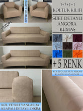 Görseli Galeri görüntüleyiciye yükleyin, Süet Kumaş Vizon 3+3+1+1 Komple Giydirme Kanepe&amp;Çekyat, Bohem, vb. Modeller Koltuk Kılıfı
