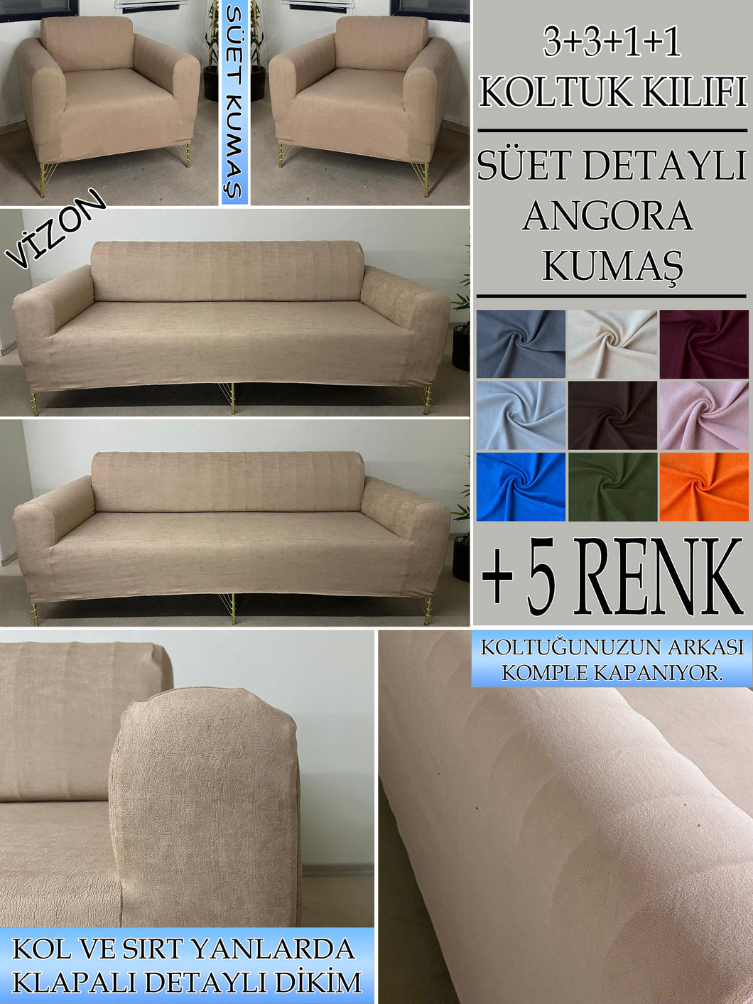 Süet Kumaş Vizon 3+3+1+1 Komple Giydirme Kanepe&Çekyat, Bohem, vb. Modeller Koltuk Kılıfı