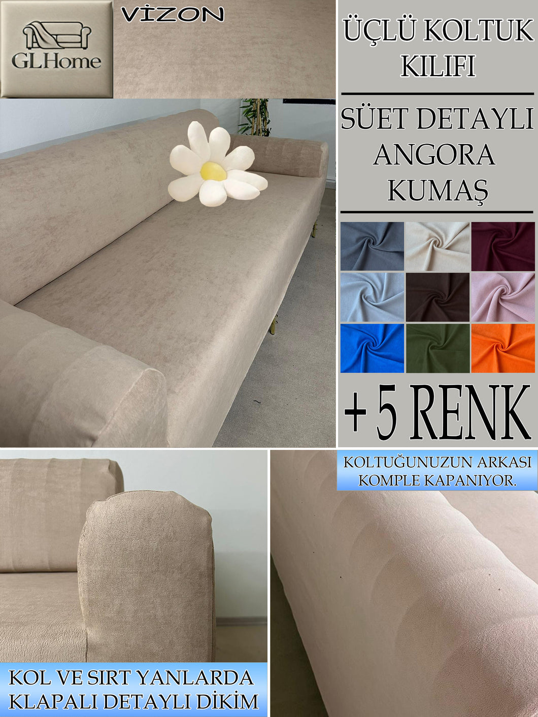 Süet Kumaş Vizon 3Lü Komple Giydirme Kanepe & Çekyat, Bohem, Porto, Vb. Model Koltuk Kilifi