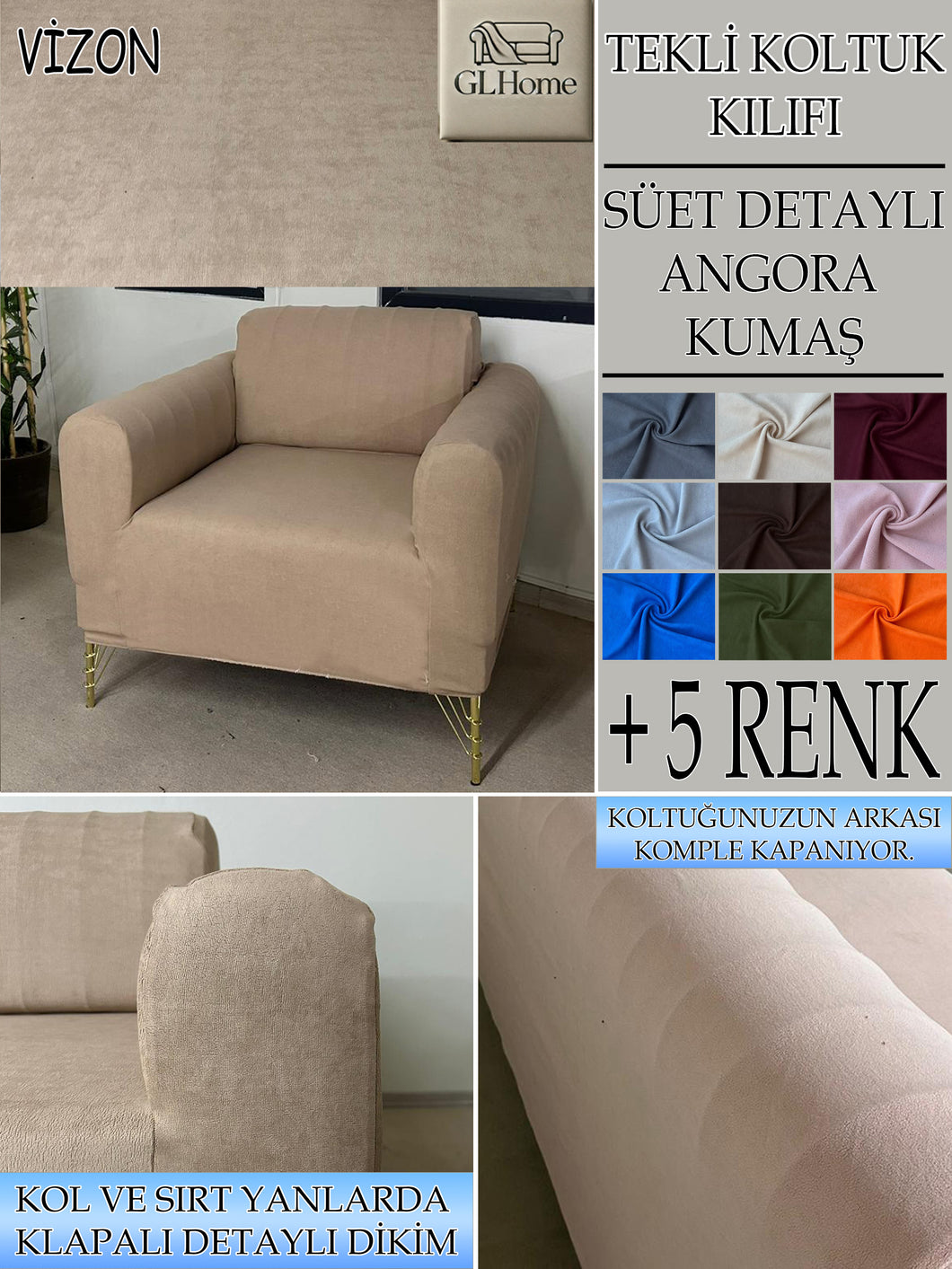 Süet Kumaş Vizon Tekli&Berjer Komple Giydirme, Bohem, Porto Model Koltuk Kılıfı