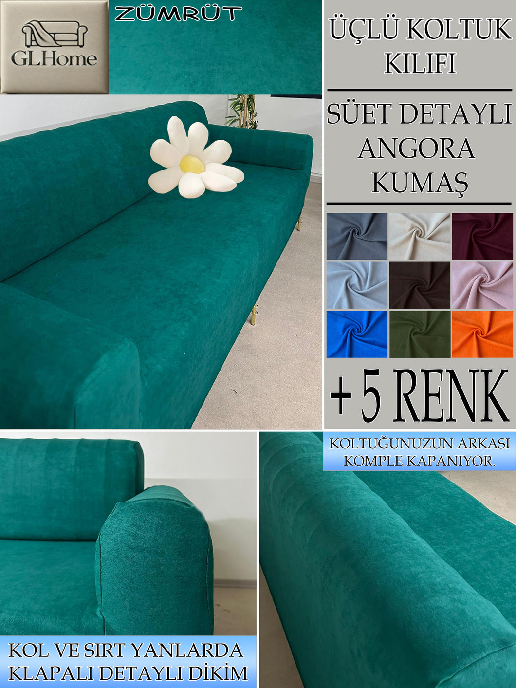Süet Kumaş Zümrüt 3Lü Komple Giydirme Kanepe & Çekyat, Bohem, Porto, Vb. Model Koltuk Kilifi