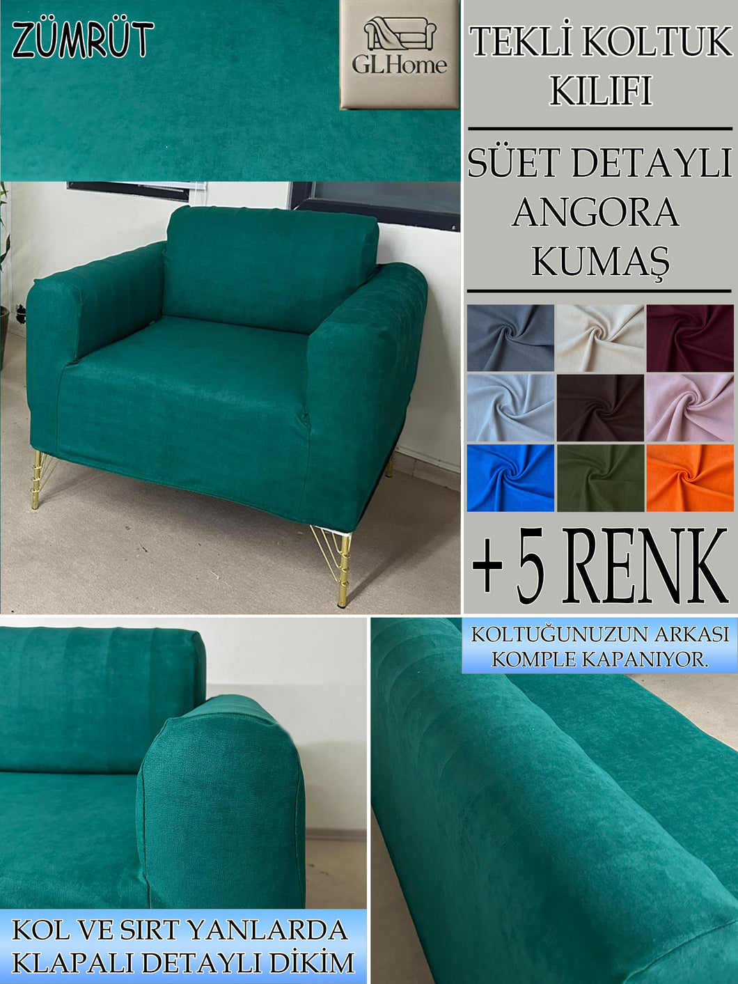 Süet Kumaş Zümrüt Tekli&Berjer Komple Giydirme, Bohem, Porto Model Koltuk Kılıfı