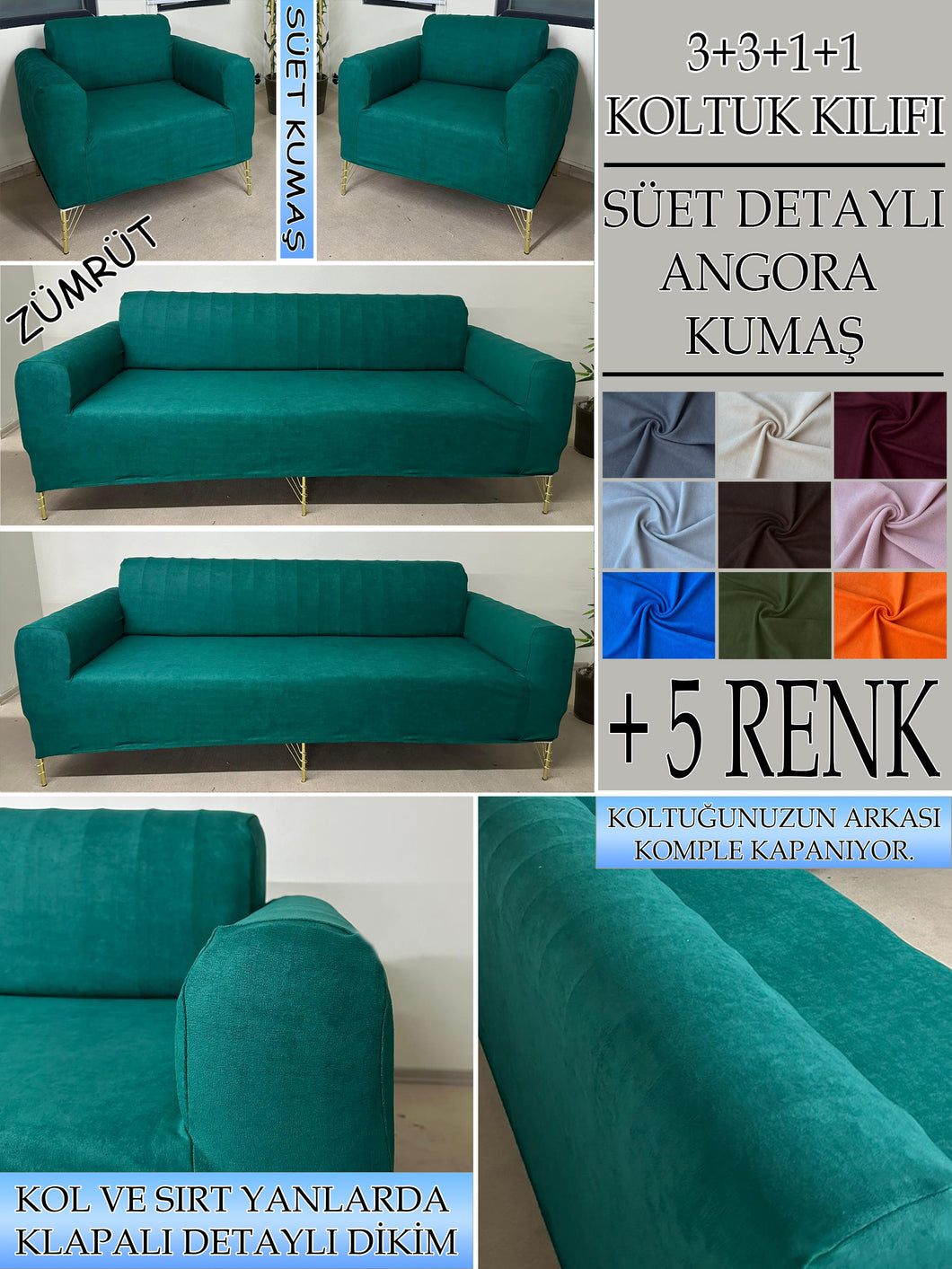 Süet Kumaş Zümrüt 3+3+1+1 Komple Giydirme Kanepe&Çekyat, Bohem, vb. Modeller Koltuk Kılıfı