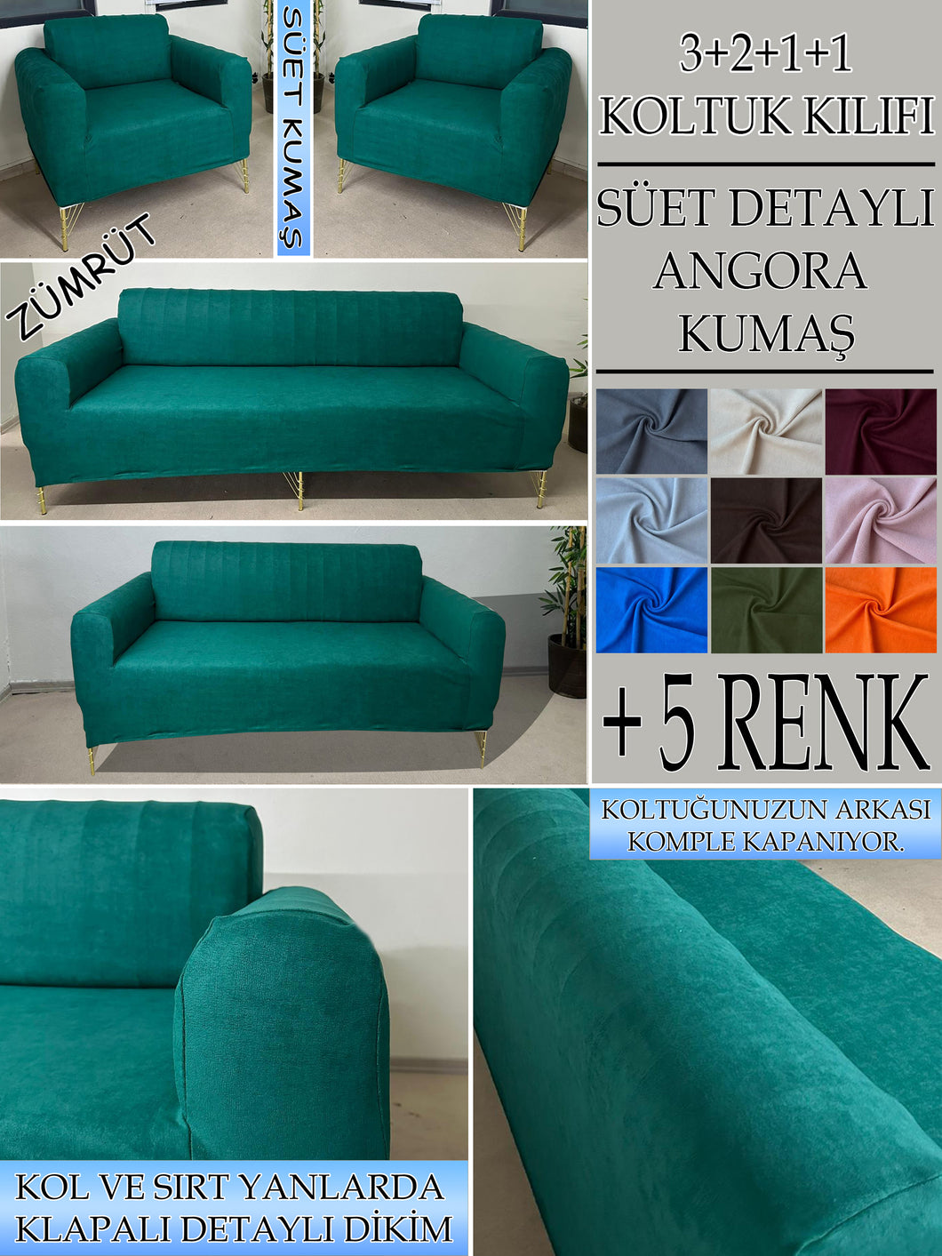 Süet Kumaş Zümrüt 3+2+1+1 Komple Giydirme Kanepe-Çekyat, Bohem, vb. Model Koltuk Kılıfı